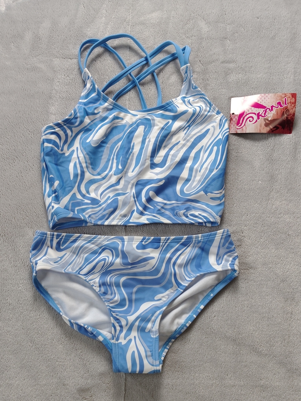 Kanu Surf Blue & White Marble Print Gigi Criss Cross Tankini Size 12 New
